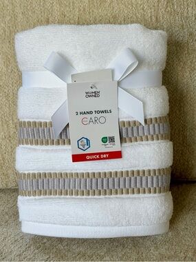 CARO Quick Dry White Hand Towels with Beige & Gray Trim - 2 Pack